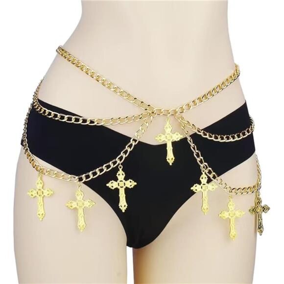 Cross Waist Chain Belt | Layered Punk Gothic Body Chain | Adjustable Metal - Picture 3 of 5